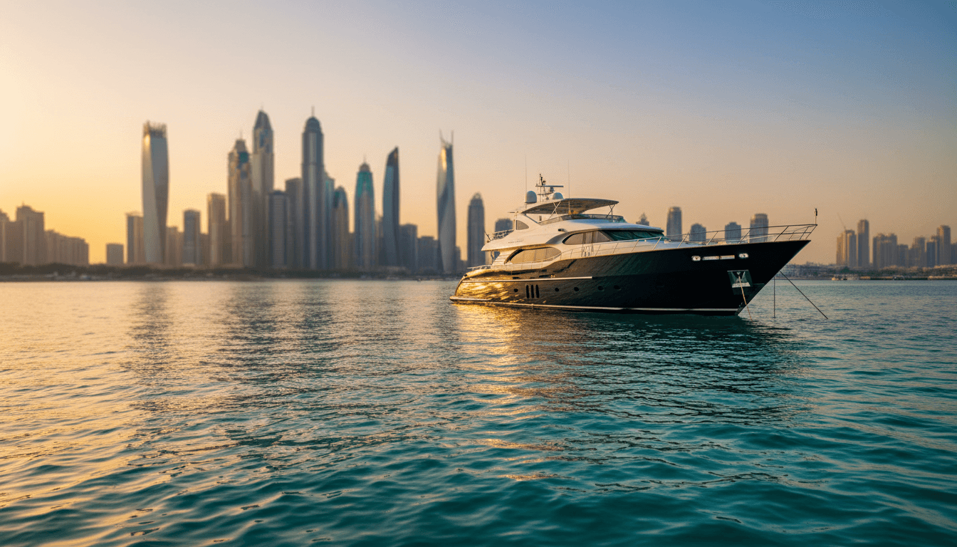 Luxury yacht anchored in Dubai Marina waters at golden hour