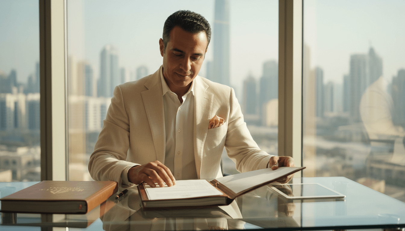 Professional reviewing asset valuation documents at a modern desk with Dubai skyline in background