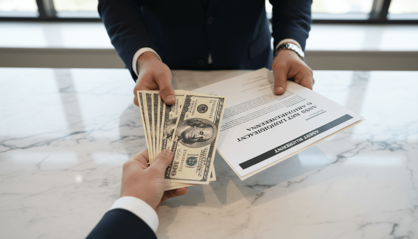 Hands holding cash and documents symbolizing asset conversion