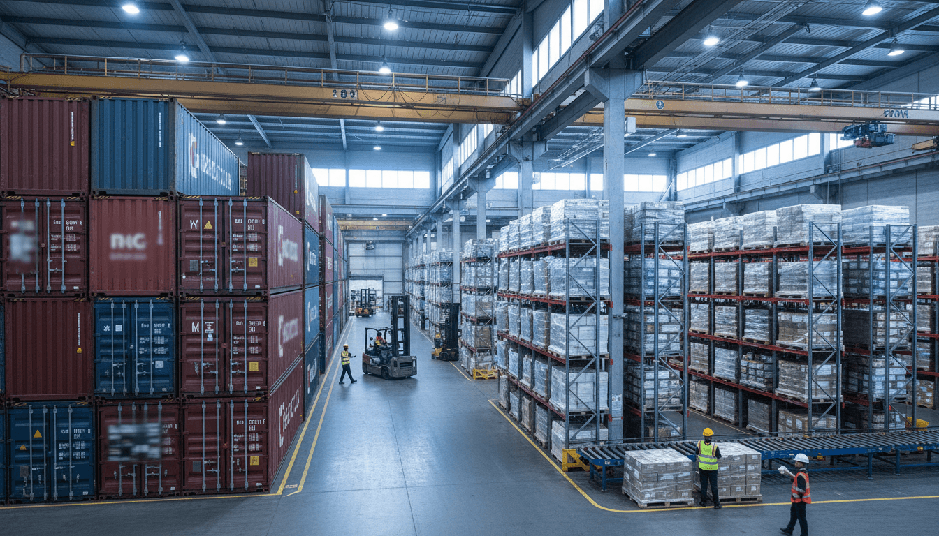 Trading company warehouse with organized inventory and logistics operations