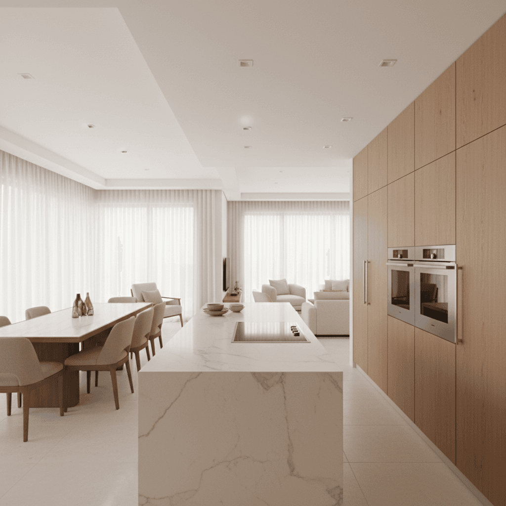 Open-plan kitchen and dining in a townhouse with marble finishes