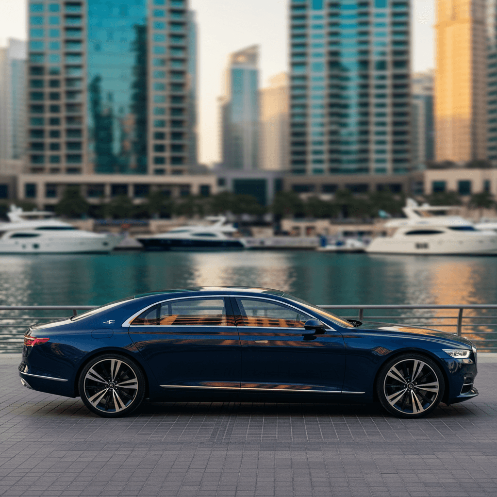 Luxury sedan parked at Dubai marina