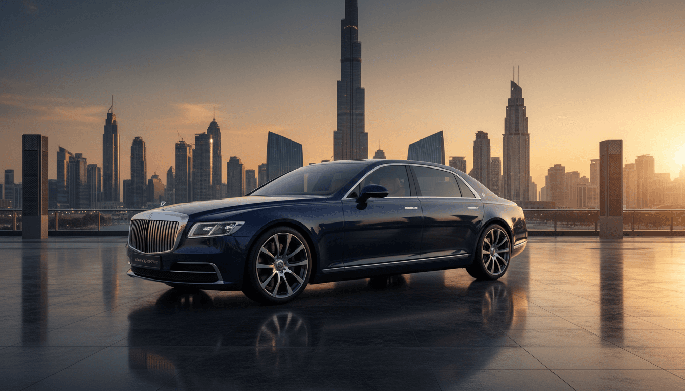 Luxury car parked with Dubai skyline