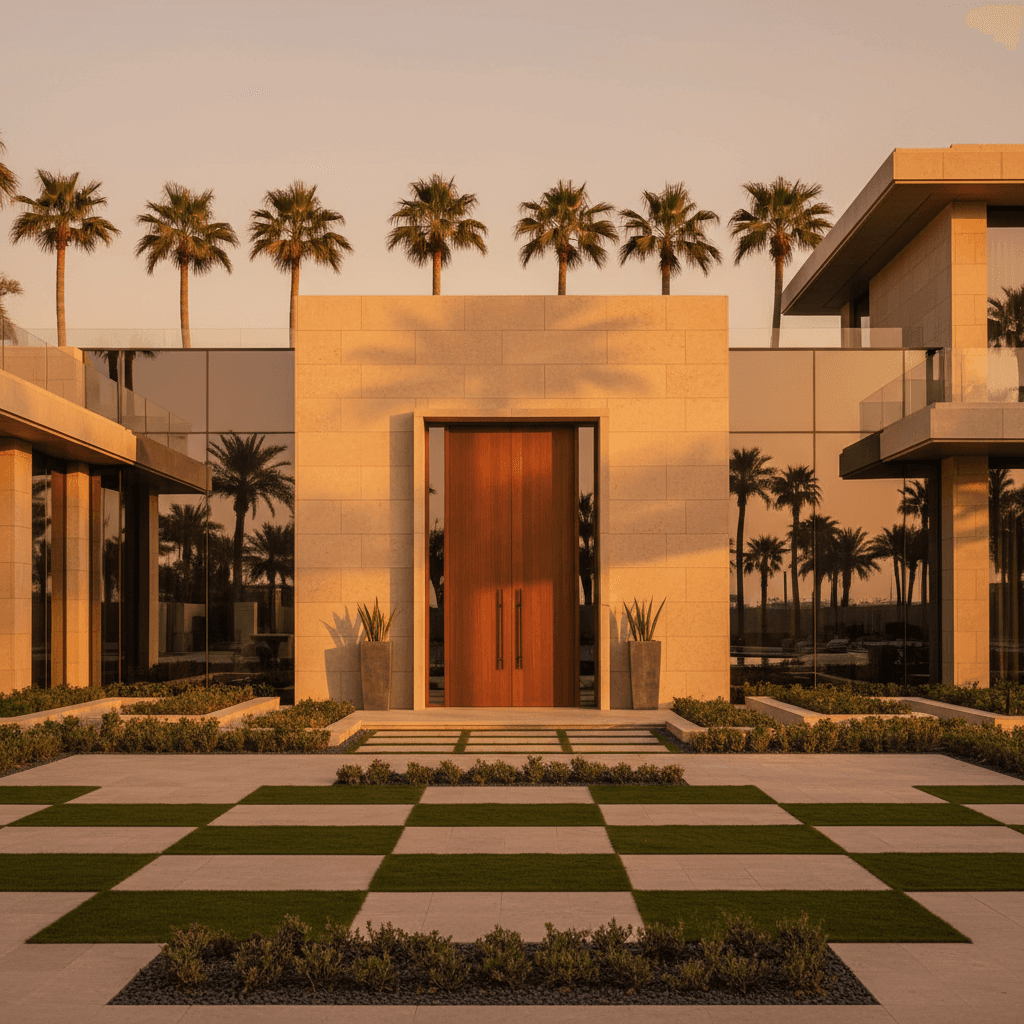 Contemporary villa with manicured landscaping and stone facade