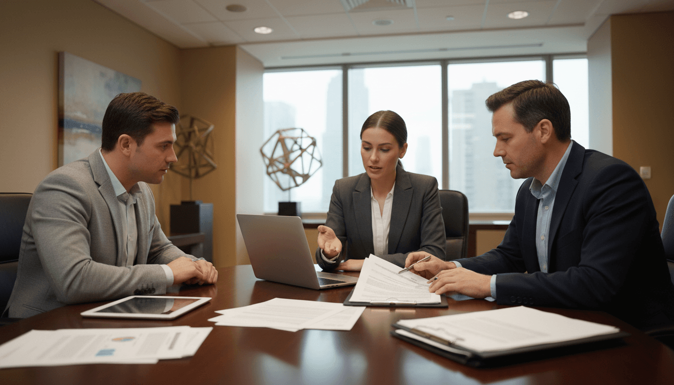 Business professionals reviewing partnership documents and equity agreements