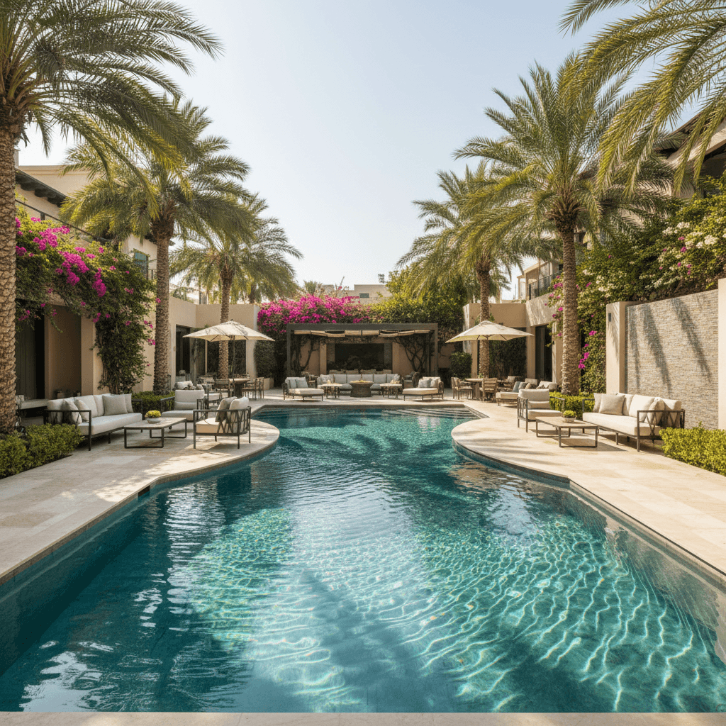 Luxury villa courtyard with pool and mature landscaping